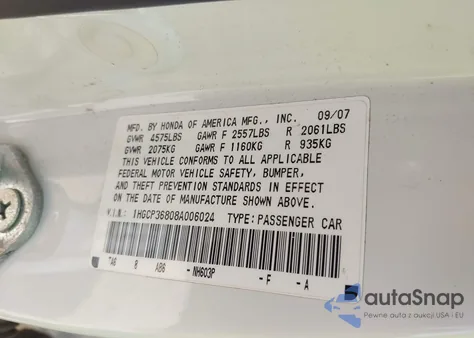 2008 Honda Accord 3.5 Ex-L z USA, uszkodzony, nr VIN 1HGCP36808A006024